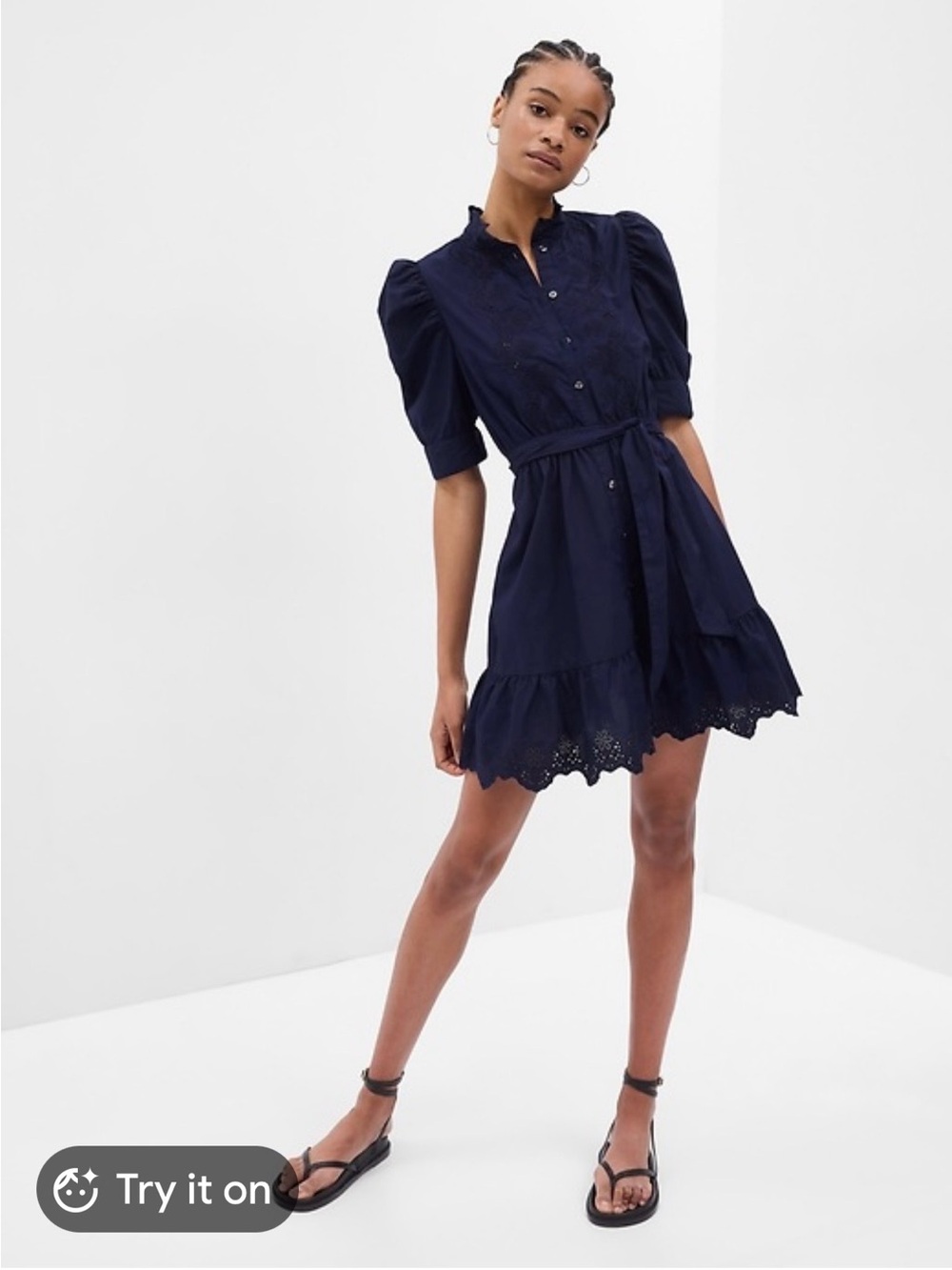 GAP puff sleeveNavy Eyelet Tie-Waist Mini Dress